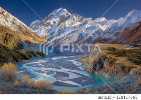 A hiker, standing exposed atop a rocky outcrop, gazes down towards Skippers Canyon, Queenstown, Otago, on the South Island of New Zealand, Oceania 128117665