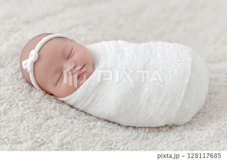 A swaddled newborn baby with a smile sleeps in a white diaper 128117685