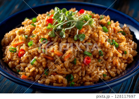 A plate of vegetable rice cooked in a wok, garnished with microgreens, set against a dark background 128117697