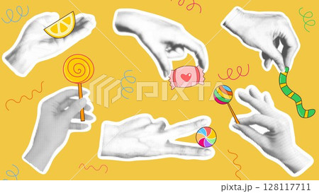 Female hands in halftone style holding candies 128117711