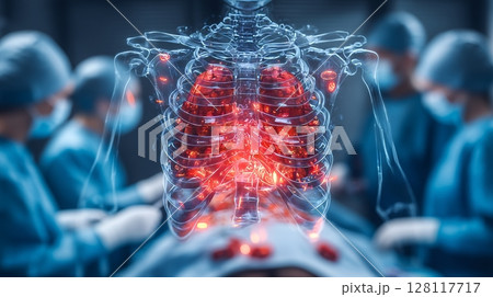 In the operating room, an assistant is handing out instruments to surgeons during a procedure, with surgery currently underway and professional medical doctors performing the operation 128117717