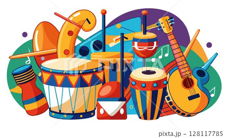 This image showcases a variety of Latin percussion instruments, emphasizing their unique shapes, sizes, and the rich musical traditions they represent, providing a visually appealing image for music 128117785