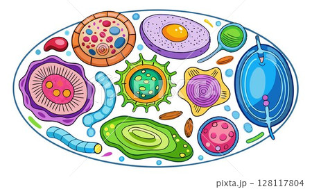This image showcases a variety of animal cell types, emphasizing their unique structures, organelles, and the overall complexity of cellular biology, providing a visually engaging and informative ima 128117804