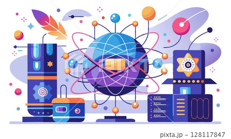 The image portrays abstract forms representing the power and potential of quantum computing, creating a visually appealing and versatile image suitable for various applications, including technology 128117847