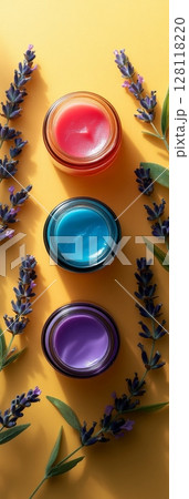 Vibrant glass jars filled with colorful cosmetics for face care and skin care arranged stylishly with lavender and green leaves 128118220