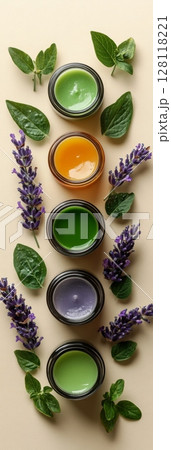 Colorful cosmetics jars arranged neatly with fresh lavender and green leaves enhancing beauty and skin care experience, showcasing variety in face care products 128118221