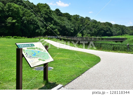 神奈川県　藤沢市立遠藤笹窪谷公園散策路と案内板 128118344
