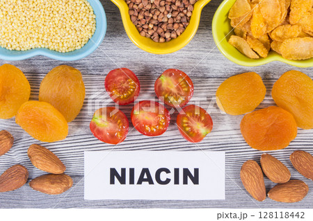Healthy ingredients containing vitamin B3 and minerals. Nutritious eating Healthy ingredients containing vitamin B3 and minerals. Nutritious eating 128118442