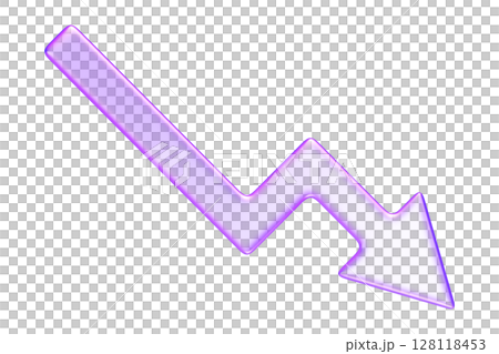Purple glassmorphism downward arrow chart icon, representing business loss, market drop, or negative metrics, 3d rendering 128118453