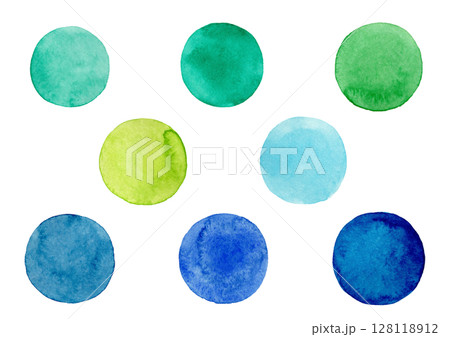 寒色系の水玉 手描きの水彩イラスト 寒色系の水玉 手描きの水彩イラスト 128118912
