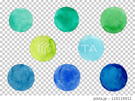 寒色系の水玉 手描きの水彩イラスト 寒色系の水玉 手描きの水彩イラスト 128118912