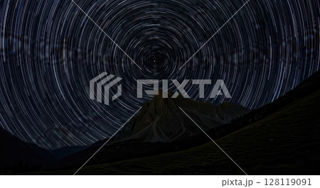 Star Trails Over Mountain Landscape at Night with Clear Skies 128119091