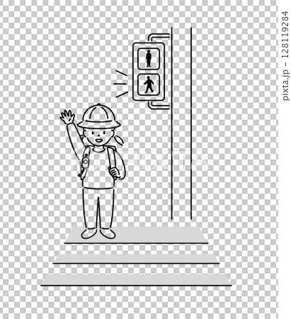 Illustration of a child (girl) trying to cross the street when the light is green _ Line drawing 128119284