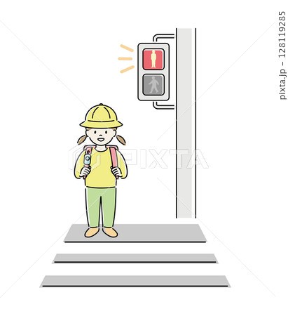 横断歩道で赤信号を待つ子どものイラスト（女子） 2 128119285
