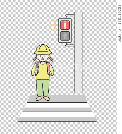 横断歩道で赤信号を待つ子どものイラスト（女子） 2 128119285