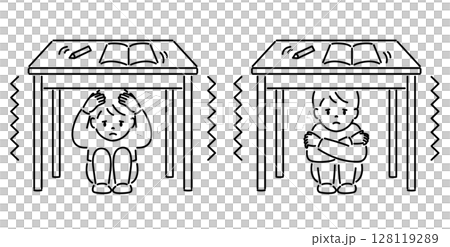 地震時に机の下に隠れる子ども（男の子）_線画 128119289