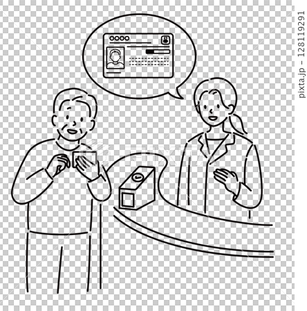 一位老人（祖父）在醫院出示「我的號碼卡」的線畫 128119291