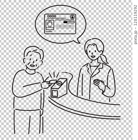 一位老人（祖父）將他的「我的號碼」卡放在醫院的讀卡機上 128119292