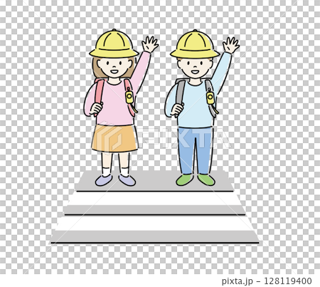 兒童在人行道上左顧右盼的插畫（女孩、男孩）2 128119400