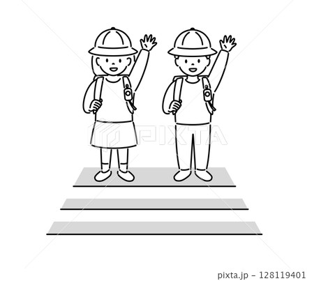 横断歩道で左右確認する子どものイラスト（女子、男子）_線画 128119401