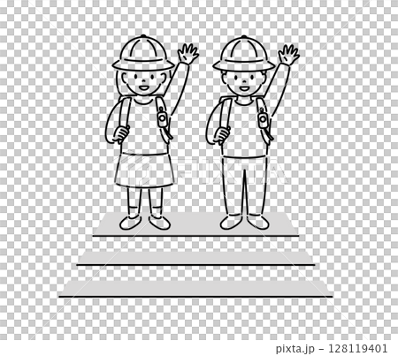 孩子們在人行道上左顧右盼的插圖（女孩、男孩）_線條畫 128119401