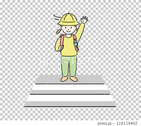 Illustration of a child (girl) checking left and right at a crosswalk 2 128119402