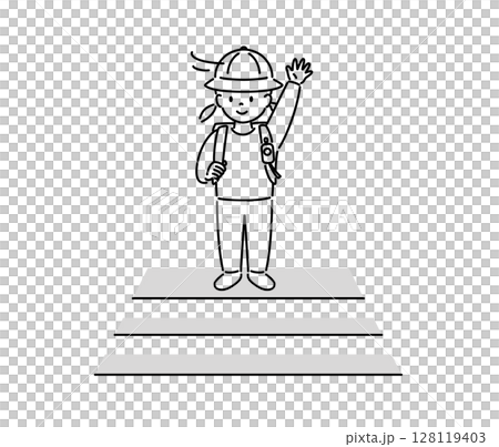 横断歩道で左右確認する子どものイラスト（女子）_線画 128119403