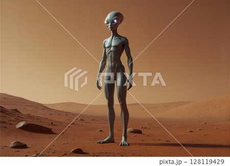 火星の荒野に立つエイリアン 128119429