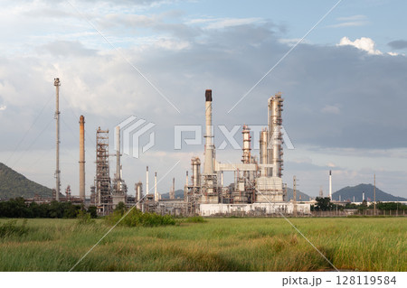 Oil gas refinery plant with sky background. Oil gas refinery plant with sky background. 128119584