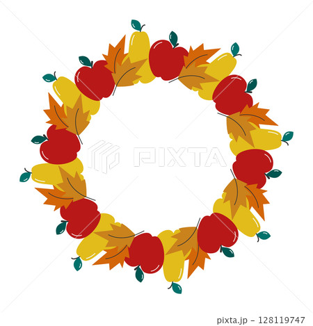 Freehand Apple Pear and Autumn leaves Circular Frame border Seasonal Minimalist Copy space Template 128119747