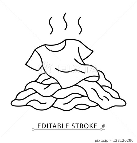 A smelly dirty clothes icon in minimalist style with editable stroke. Laundry pile, bad odor, used garment, household hygiene, messy fabric, clothing care, stink concept, vector outline illustration. 128120290