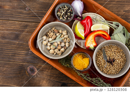 Set of spices and sauces. 128120308