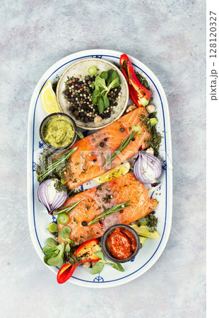 Fish fillet of salmon and ingredients. 128120327