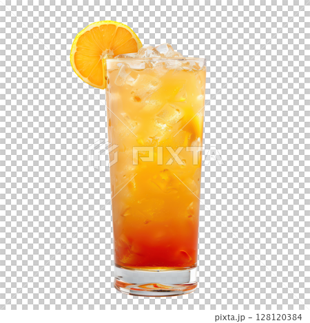 glass of iced orange-red cocktail 128120384