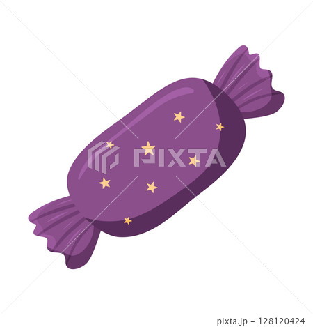 Wrapped purple candy with yellow stars, flat style, sweet treats or festive confectionery 128120424
