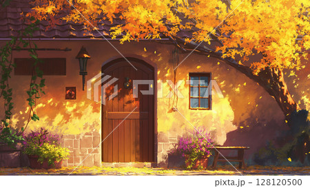 秋の紅葉が美しい家の扉、アニメ風 128120500