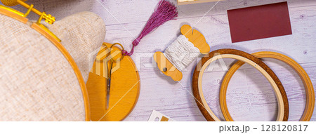 Accessories for hobby. Hoop snaps, scissors, threads, needles and scissors. Vintage tools for embroidery and knitting Accessories for hobby. Hoop snaps, scissors, threads, needles and scissors. Vintage tools for embroidery and knitting 128120817