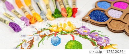 Palette of thread colors. Threads for embroidery knitting 128120864