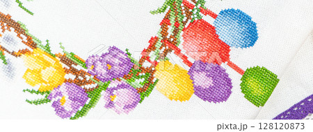 Fabric embroidered Easter wreath with beads of hobby thread 128120873