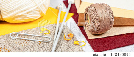 Threads in reels. Colored bobbins for embroidery knitting hobby accessories creativity. 128120890