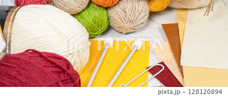 Threads in reels. Colored bobbins for embroidery knitting hobby accessories creativity. 128120894