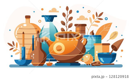 This image embodies the creative process of pottery art, highlighting the essential tools used by ceramic artists to shape and refine clay, providing a visually engaging image for pottery publication 128120918