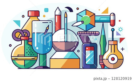 This image embodies the artistry and precision involved in glass art, highlighting the unique tools and materials used to shape and refine glass, providing a visually appealing image for glass art pu 128120919