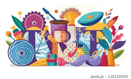 This image embodies the creative process of textile art, showcasing the essential tools used by textile artists to shape, dye, weave, and embellish fabrics, providing a visually engaging image for te 128120920