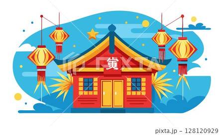 The image portrays firecrackers hanging from an old wooden house against a backdrop of a vivid blue sky, creating a visually appealing and versatile image suitable for various applications, including 128120929