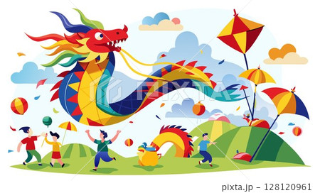 The wind carries colorful kites shaped like powerful Chinese dragons high above a wide open field, where a group of people expertly maneuver their airborne creations, creating a dynamic and captivati 128120961