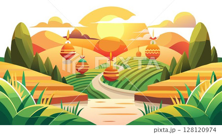 As the sun dips below the horizon, casting a warm golden glow over a rice terrace decorated with colorful New Year ornaments, a breathtaking sunset creates a magical scene that blends natural beauty 128120974