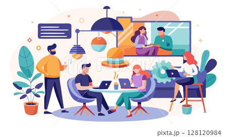 A creative coworking space concept featuring unique design elements, comfortable seating, breakout rooms, and event spaces, fostering creativity and collaboration among diverse professionals, providi 128120984