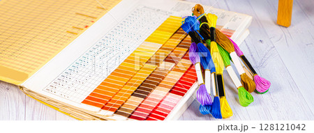 Palette of thread colors. Threads for embroidery knitting 128121042