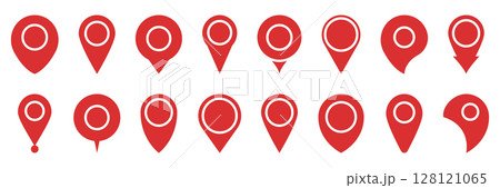 Navigation, Gps, And Geolocation Silhouette Symbol Collection. Red Map Pin Location Marker Solid Icon Set. Directional And Positioning Icons For Maps And Apps. Isolated Vector Illustration 128121065